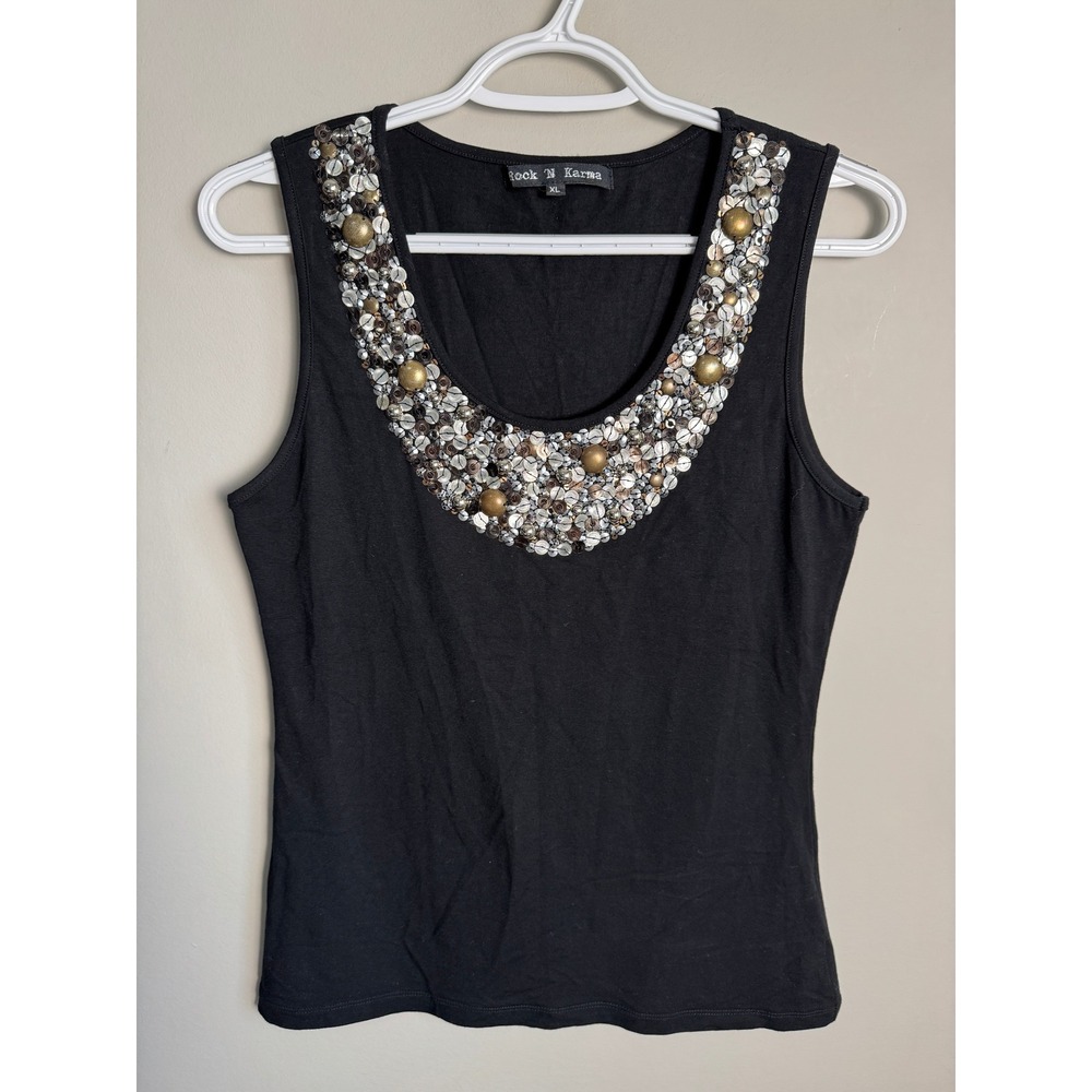 Rock N Karma Womens Black Embellished Tank Top XL Sequin Glam Edgy Night Out